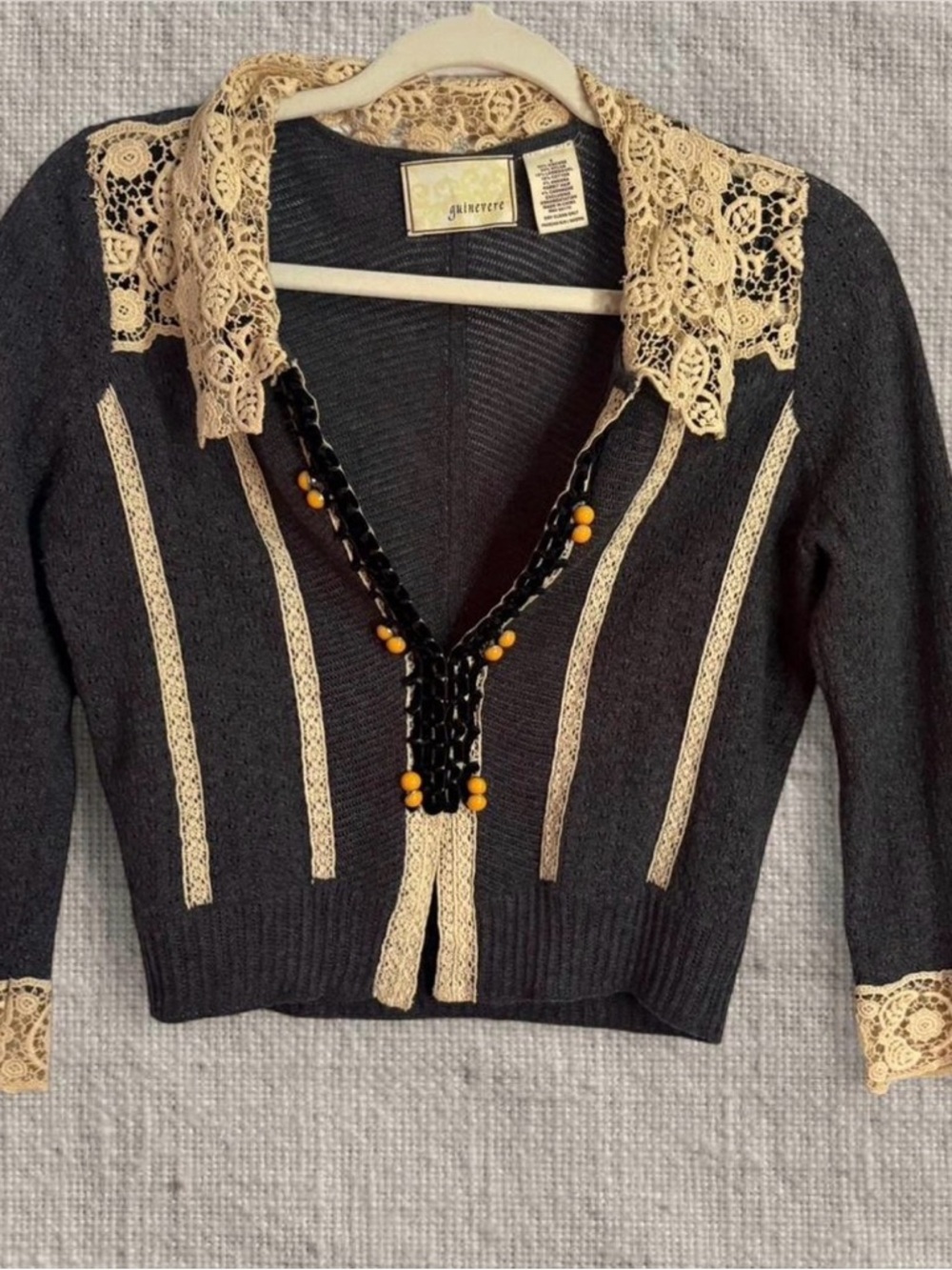 Anthropologie Grey Knit Cardigan with Ivory Lace Collar and Trim and Beads
